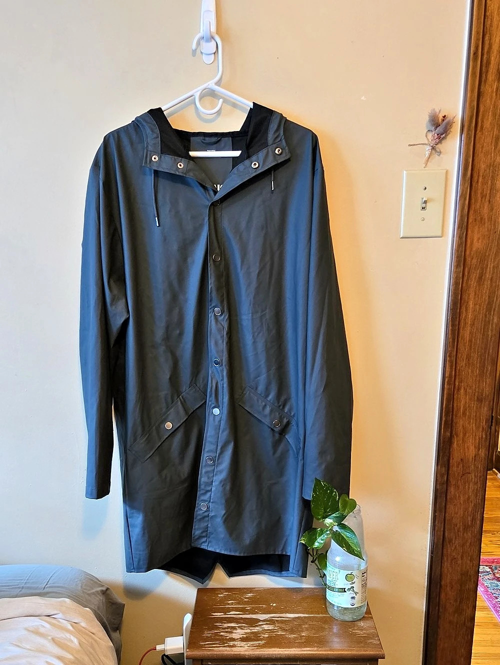 Rains Long Jacket Hooded Raincoat in Grey Green